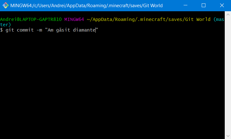 Imagine din git bash la momentul creării comitului pentru găsirea de diamante